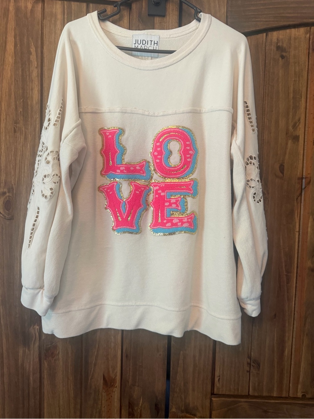 Judith March Cream Pullover with Pink LOVE Patch and Turquoise Trim